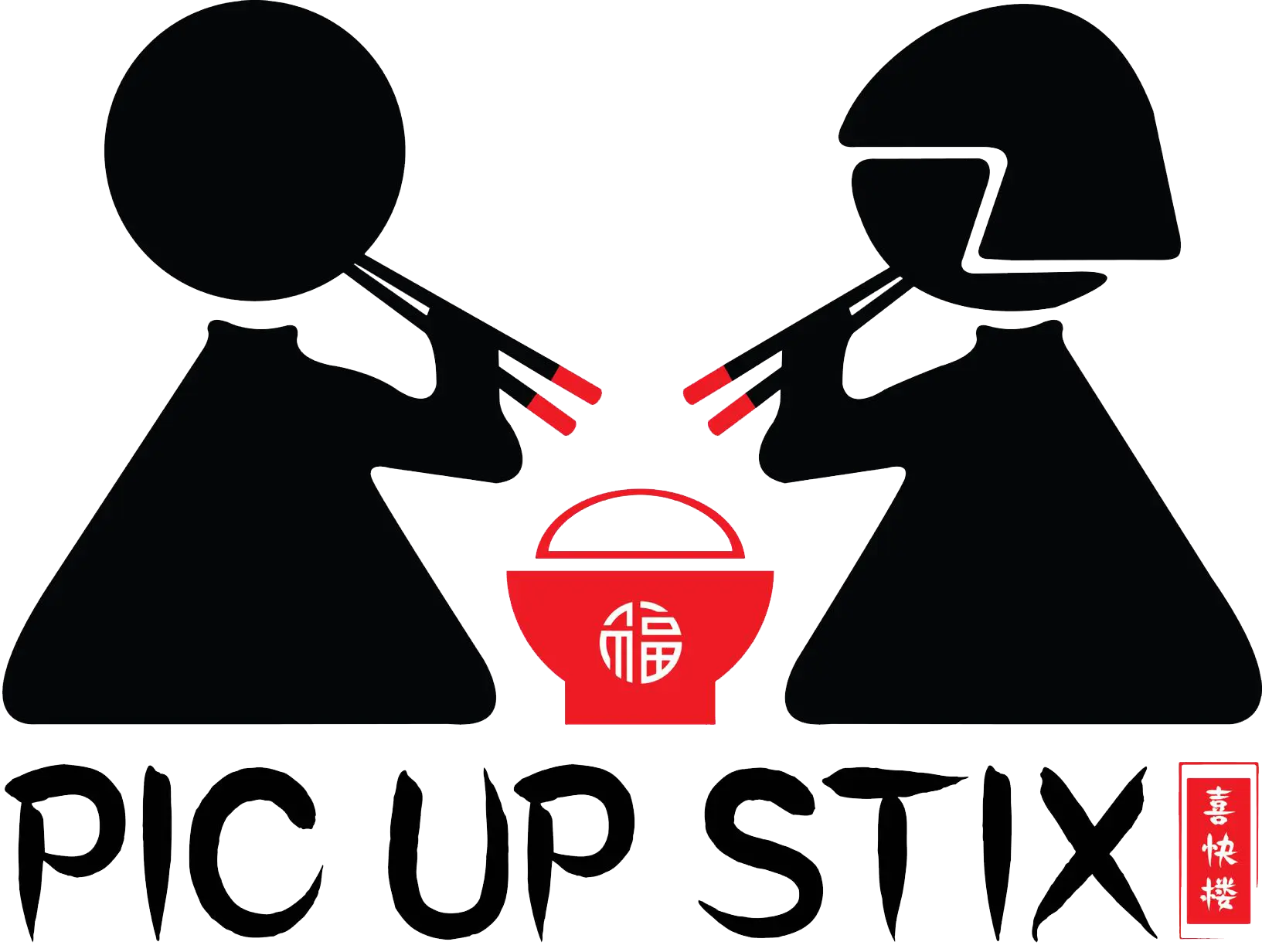 Pick Up Stix logo with two diners using chopsticks over a red bowl